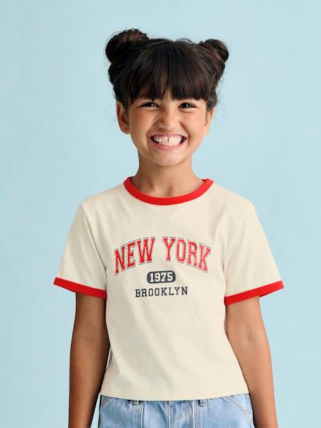 Girls' cropped college-style T-shirt ecru+ink blue - vertbaudet enfant 