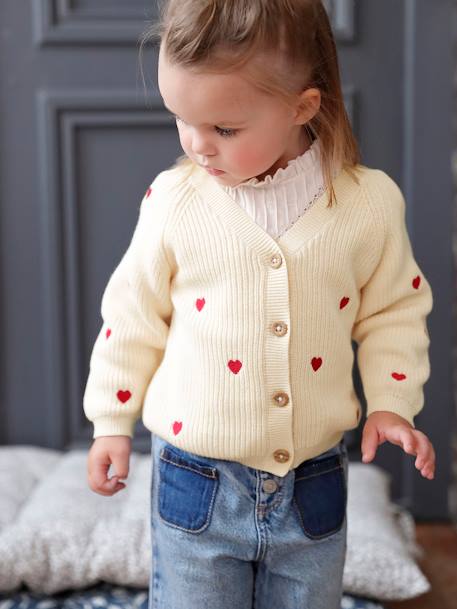 Gilet bébé brodé en côtes anglaises écru+marine+vert d'eau - vertbaudet enfant 