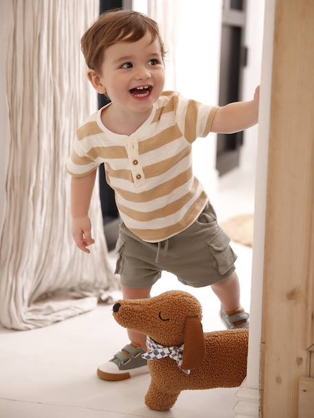 Honeycomb Knit Striped T-Shirt for Babies cappuccino+tomato red - vertbaudet enfant 