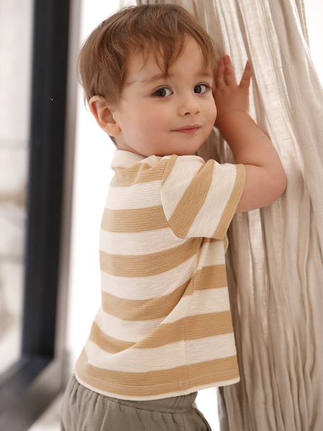 Honeycomb Knit Striped T-Shirt for Babies cappuccino+tomato red - vertbaudet enfant 