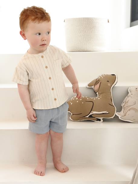 Baby Outfit: Striped Linen-Look Shirt + Gauze Shorts grey blue - vertbaudet enfant 