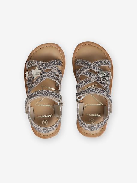 Pair of Leather Hook-&-Loop Sandals for Children, Designed for Autonomy printed beige - vertbaudet enfant 