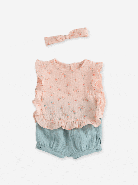 Baby Set: Blouse + Shorts + Headband in Cotton Gauze pale pink - vertbaudet enfant 