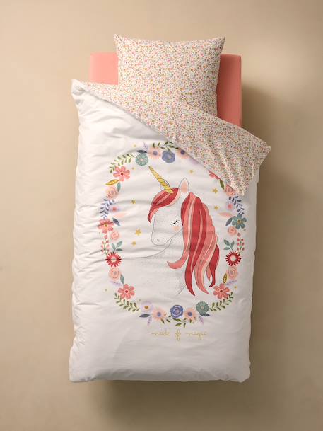 Duvet Cover + Pillowcase Set with Recycled Cotton for Children, Little Unicorn printed white - vertbaudet enfant 