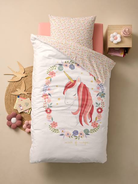 Parure housse de couette enfant et taie d'oreiller PETITE LICORNE, avec coton recyclé blanc imprimé - vertbaudet enfant 