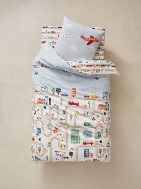 Parure housse de couette + taie d'oreiller enfant AUTO-CITY beige imprimé - vertbaudet enfant 