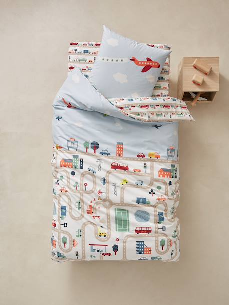 Parure housse de couette + taie d'oreiller enfant AUTO-CITY beige imprimé - vertbaudet enfant 