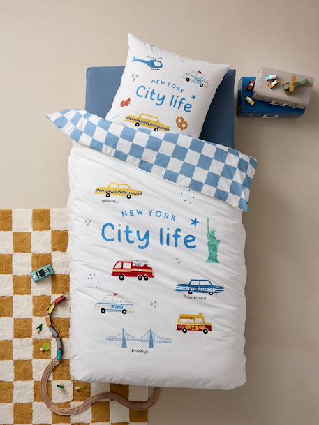 Parure housse de couette + taie d'oreiller enfant avec coton recyclé VARSITY carreaux bleu - vertbaudet enfant 
