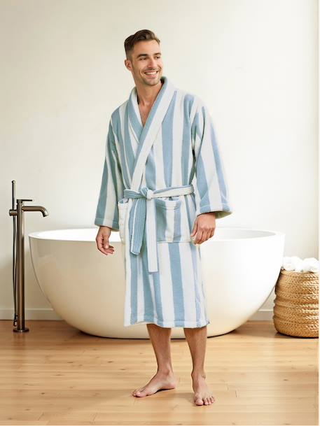 Peignoir de bain adulte mixte rayures TRANSAT capsule famille personnalisable, avec coton recyclé rayé bleu+rayé vert - vertbaudet enfant 
