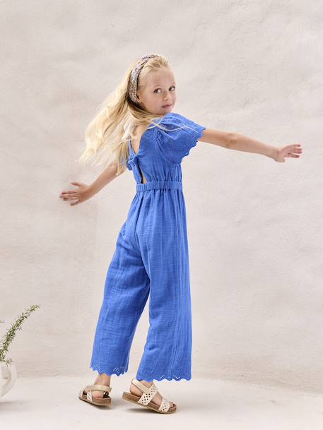 Combinaison fille en gaze de coton avec broderie bleu électrique+blush+vert sauge - vertbaudet enfant 