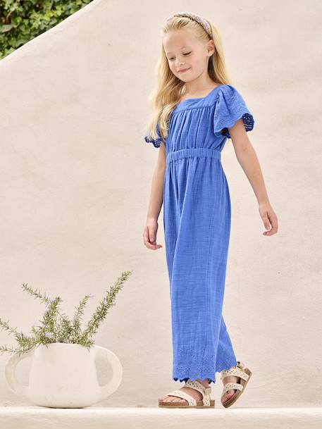 Combinaison fille en gaze de coton avec broderie bleu électrique+blush+vert sauge - vertbaudet enfant 
