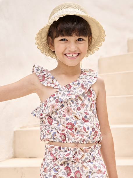 Asymmetrical Frill Blouse with Floral Print, for Girls ecru - vertbaudet enfant 