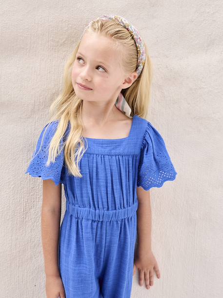 Combinaison fille en gaze de coton avec broderie bleu électrique+blush+vert sauge - vertbaudet enfant 