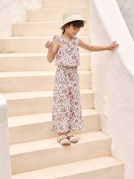Asymmetrical Frill Blouse with Floral Print, for Girls ecru - vertbaudet enfant 
