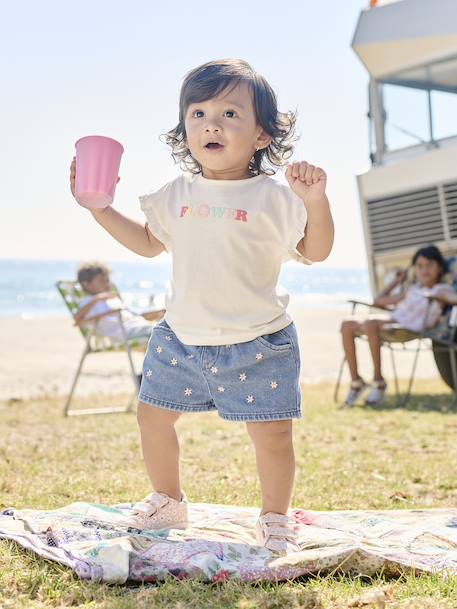 Denim Shorts with Embroidered Daisies, for Babies double stone+stone - vertbaudet enfant 
