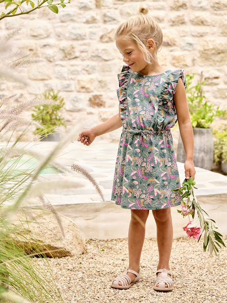Robe fille imprimée manches volantées blanc imprimé+vert émeraude - vertbaudet enfant 