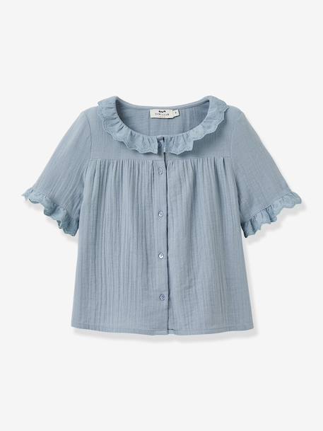 Chemise fille en gaze - coton biologique bleu jean+vert sauge - vertbaudet enfant 