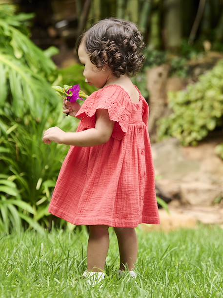 Cotton Gauze Dress for Babies ecru+red - vertbaudet enfant 