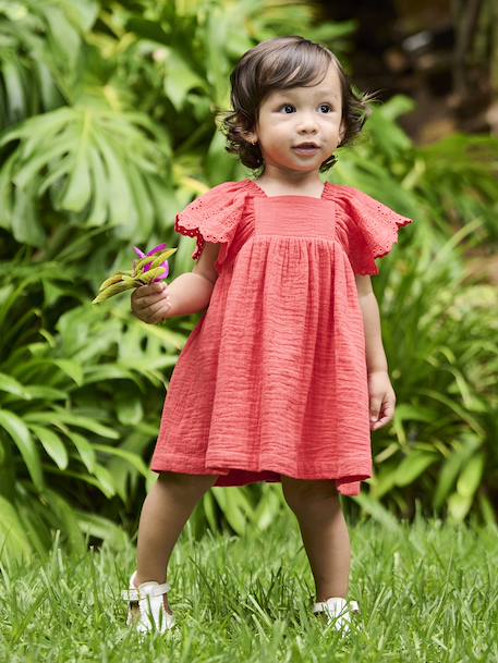 Cotton Gauze Dress for Babies ecru+red - vertbaudet enfant 