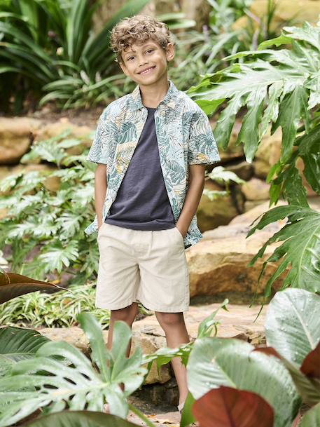 Bermuda en coton/lin garçon beige chiné+vert d'eau - vertbaudet enfant 
