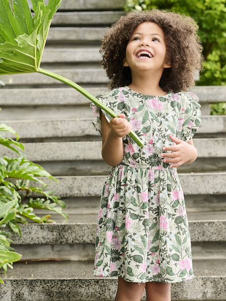 Printed Cotton Gauze Dress for Girls sage green - vertbaudet enfant 