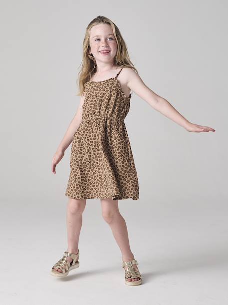 Robe à bretelles fille en gaze de coton beige+corail+sable+vert émeraude - vertbaudet enfant 