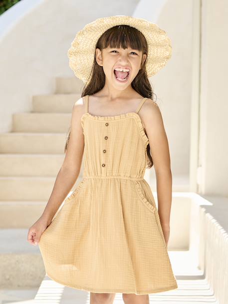 Cotton Gauze Strappy Dress for Girls beige+coral+emerald green+sandy beige - vertbaudet enfant 