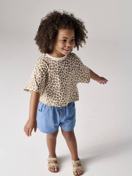 Cropped short-sleeved T-shirt for girls beige+ecru+rosy - vertbaudet enfant 