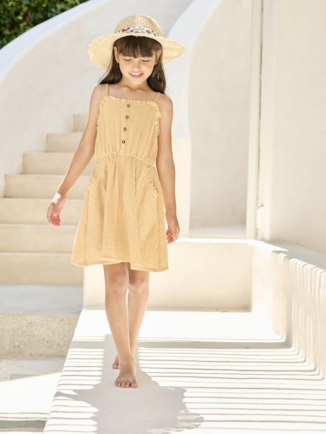 Cotton Gauze Strappy Dress for Girls beige+coral+emerald green+sandy beige - vertbaudet enfant 