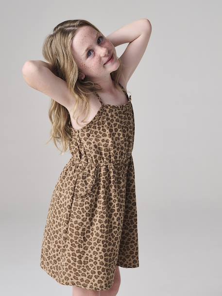 Robe à bretelles fille en gaze de coton beige+corail+sable+vert émeraude - vertbaudet enfant 