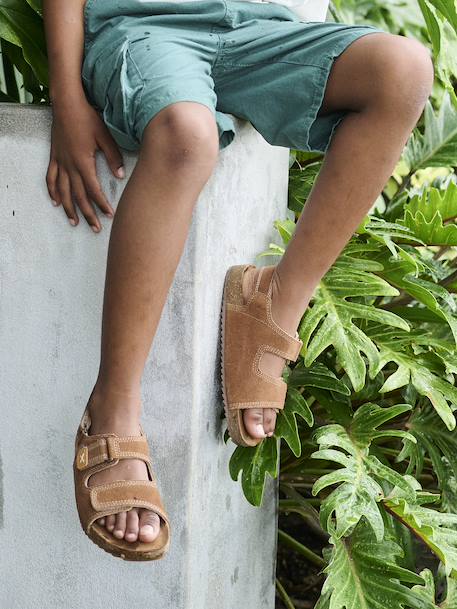 Leather Hook-&-Loop Sandals for Children, Designed for Autonomy camel - vertbaudet enfant 