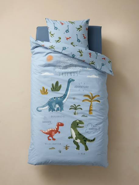 Parure housse de couette + taie d'oreiller enfant avec coton recyclé DINO FRIENDS bleu glacier - vertbaudet enfant 