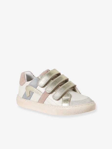Baskets enfant fille cuir à scratchs blanc imprimé+écru+lot blanc - vertbaudet enfant 