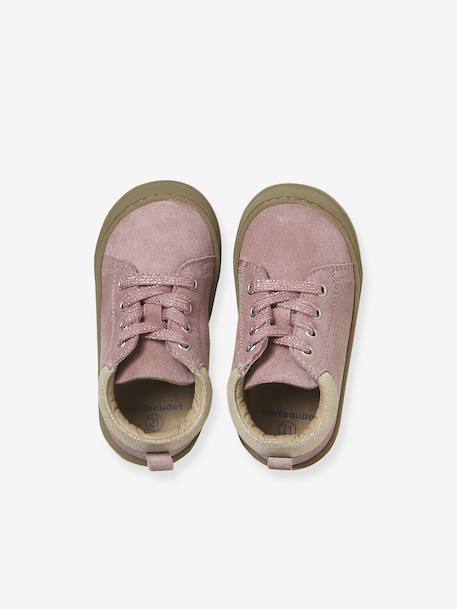Soft leather lace-up ankle boots for baby's first steps brown+fuchsia+rose - vertbaudet enfant 