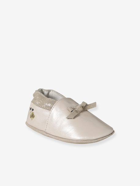 Chaussons élastiqués en cuir souple bébé beige imprimé+rose pâle - vertbaudet enfant 