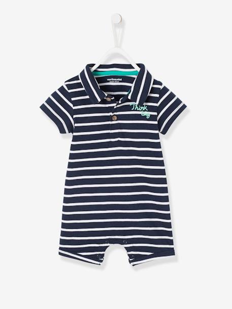 Baby Boys' Beach Playsuit with Polo Shirt Collar BROWN MEDIUM STRIPED+Dark Blue Stripes - vertbaudet enfant 