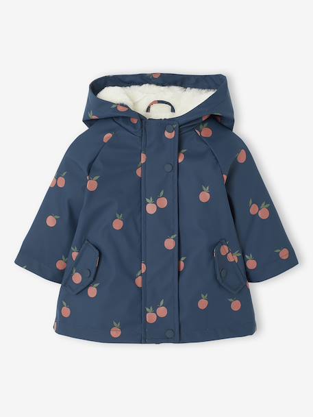 Floral Hooded Raincoat, Lined, for Baby Girls night blue+printed pink - vertbaudet enfant 