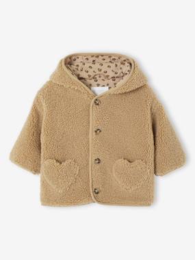 -Sherpa hooded coat for babies with "leopard" print lining