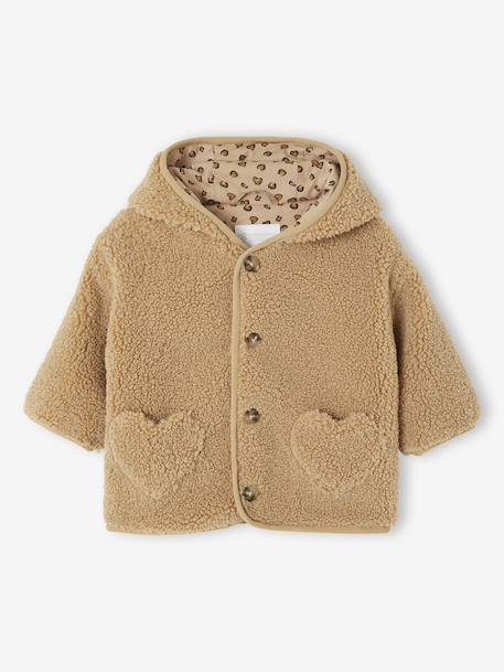 Sherpa hooded coat for babies with 'leopard' print lining beige+old rose - vertbaudet enfant 