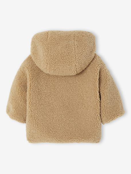 Sherpa hooded coat for babies with 'leopard' print lining beige+old rose - vertbaudet enfant 