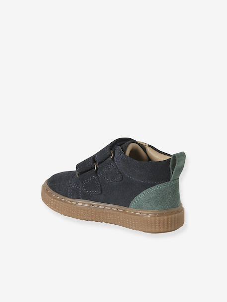 Leather Pram Boots with Touch Fasteners, for Baby Boys navy blue+taupe - vertbaudet enfant 