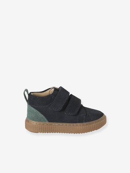 Leather Pram Boots with Touch Fasteners, for Baby Boys navy blue+taupe - vertbaudet enfant 
