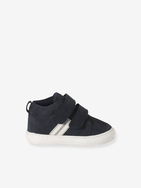 Mid-top fur-lined leather trainers with touch 'n' close fastening for babies camel+green+navy blue - vertbaudet enfant 