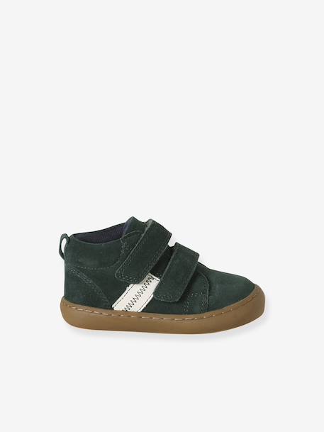 Mid-top fur-lined leather trainers with touch 'n' close fastening for babies camel+green+navy blue - vertbaudet enfant 
