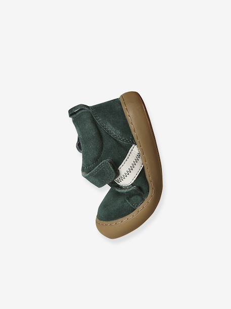 Mid-top fur-lined leather trainers with touch 'n' close fastening for babies camel+green+navy blue - vertbaudet enfant 