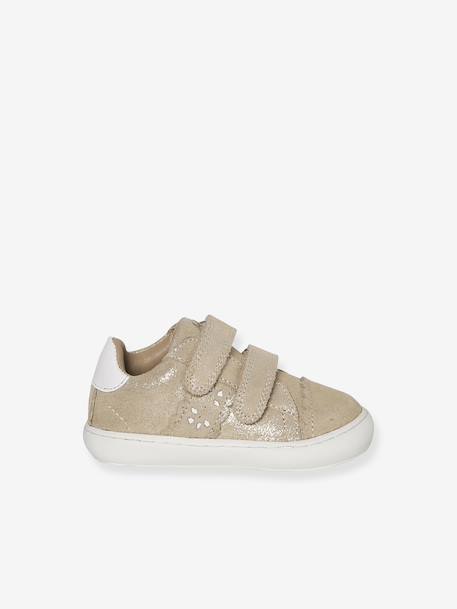 Trainers with leather velcro straps for babies gold+white - vertbaudet enfant 