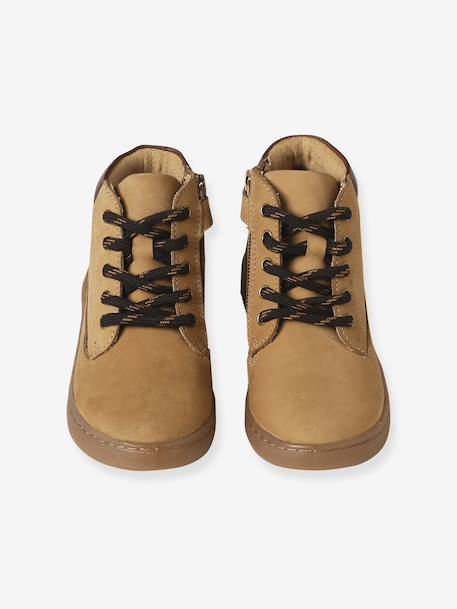 Leather Zip-Up Boots with Elasticated Laces for Boys beige - vertbaudet enfant 
