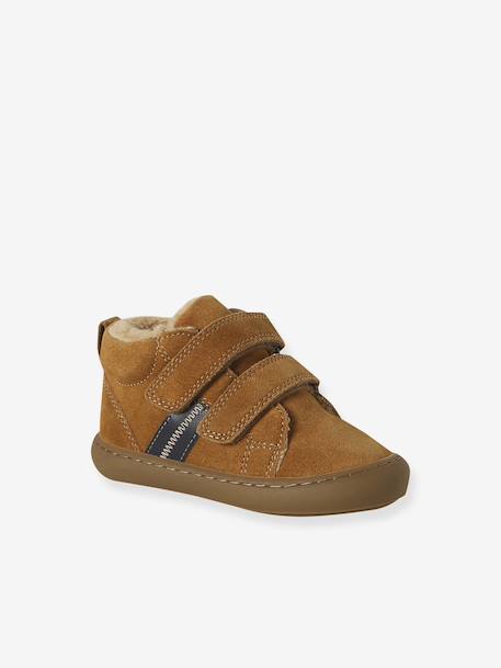 Mid-top fur-lined leather trainers with touch 'n' close fastening for babies camel+green+navy blue - vertbaudet enfant 