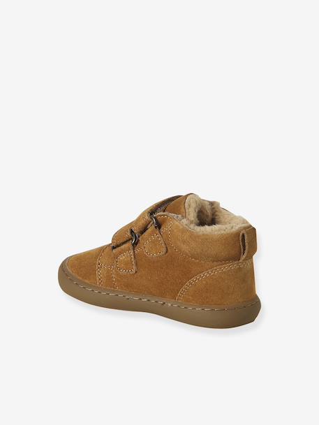 Mid-top fur-lined leather trainers with touch 'n' close fastening for babies camel+green+navy blue - vertbaudet enfant 