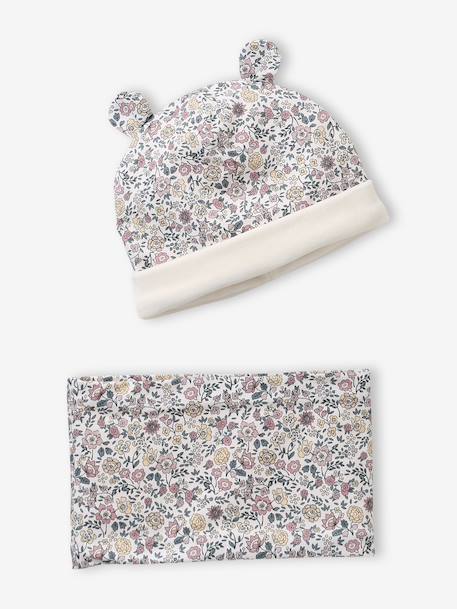 Ensemble bonnet et snood bébé imprimé fleuri doublé sherpa rose imprimé - vertbaudet enfant 